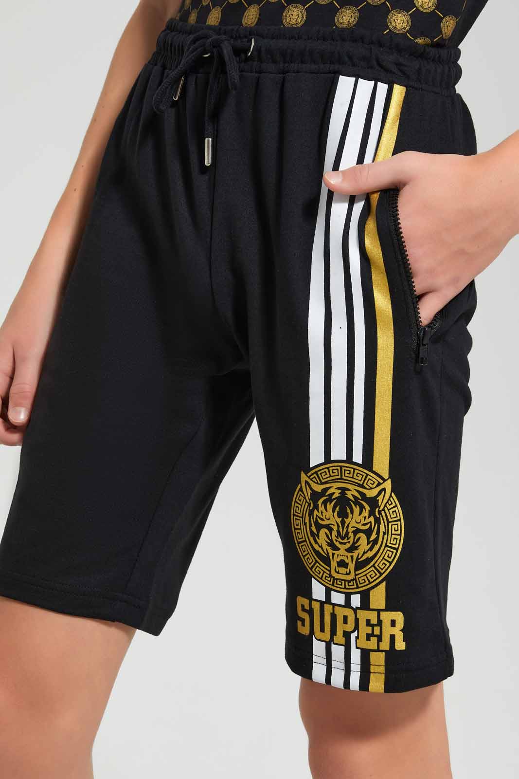 Redtag-Black-Tiger-Gold-Foil-Active-Short-Active-Shorts-Senior-Boys-9 to 14 Years