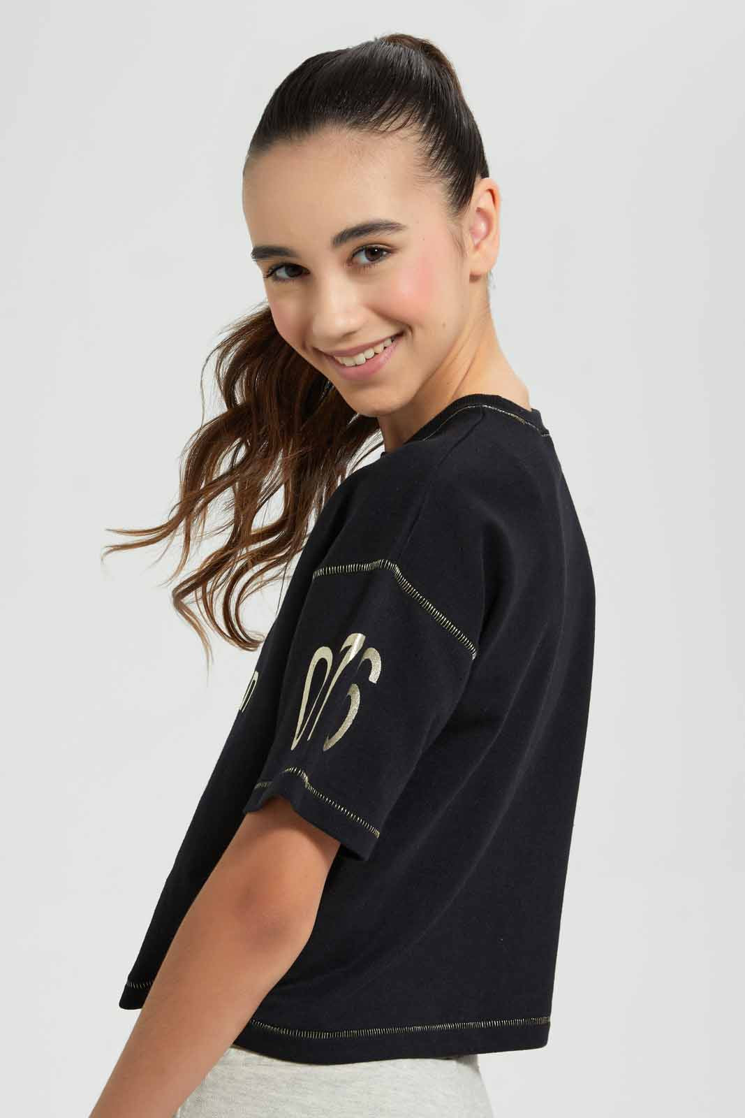 Redtag-Black/Gold-High-Density-Print-Boxy-Crop-Top-Embellished-T-Shirts-Senior-Girls-9 to 14 Years