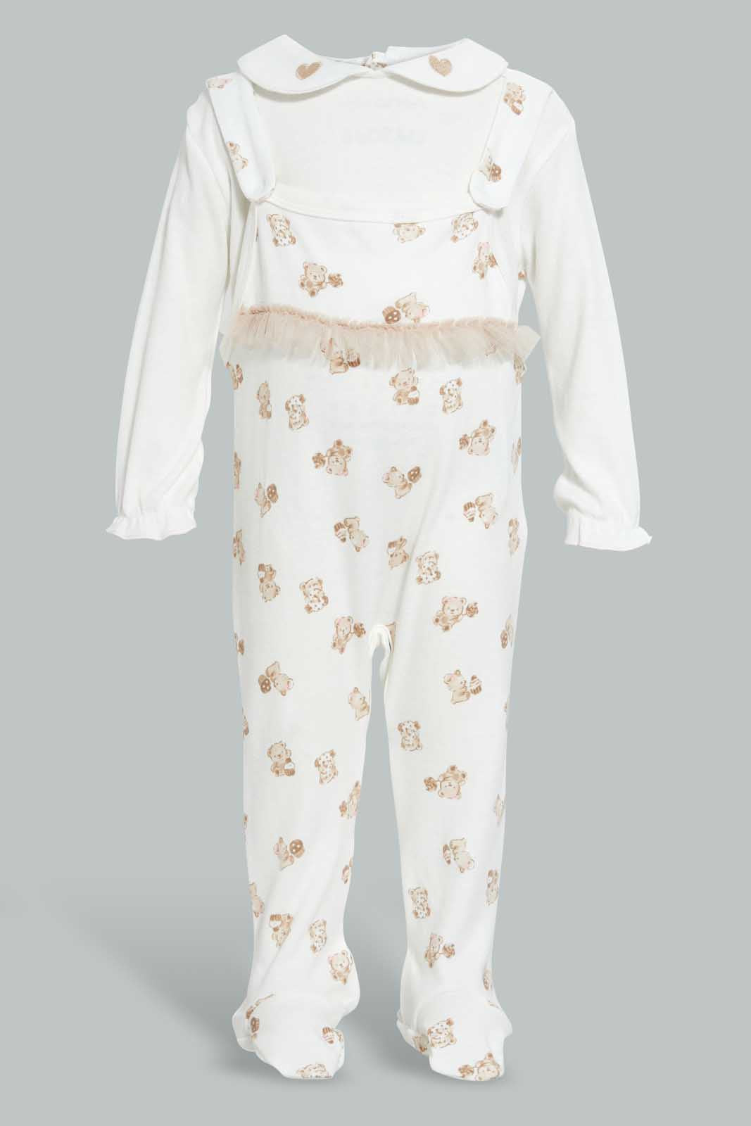 Redtag-Beige-And-White-Bear-Duangree-Sleep-Suit-With-Frill-Sleepsuits-Baby-0 to 12 Months