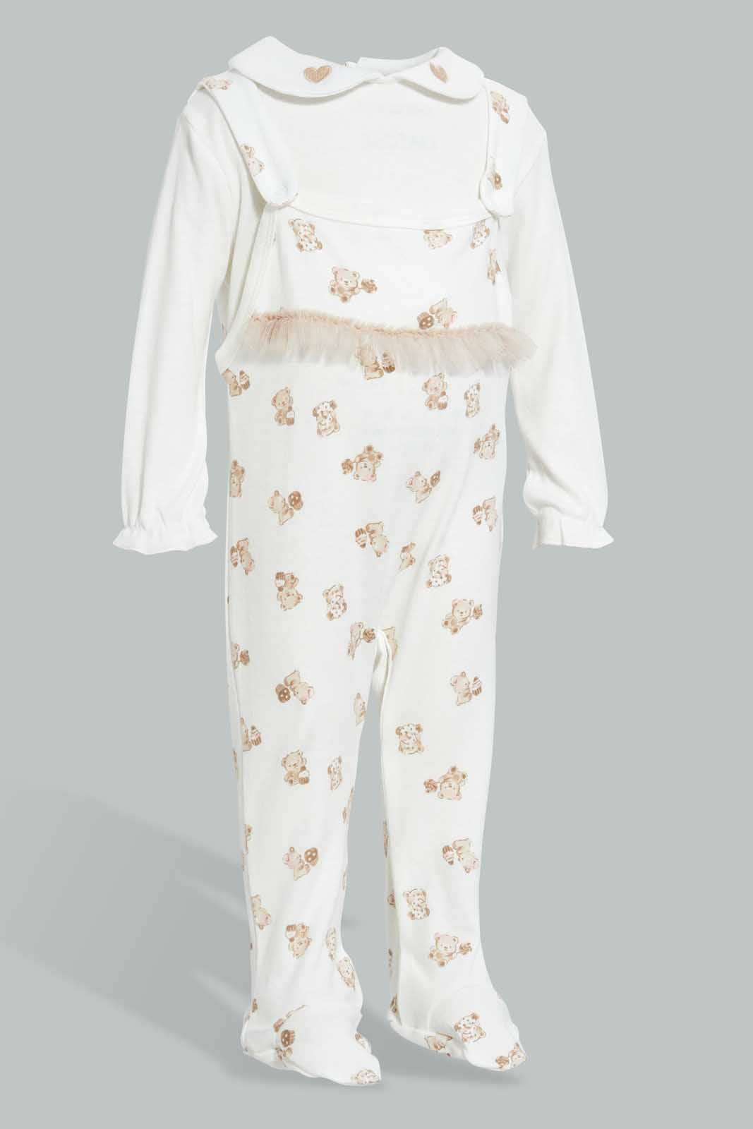 Redtag-Beige-And-White-Bear-Duangree-Sleep-Suit-With-Frill-Sleepsuits-Baby-0 to 12 Months