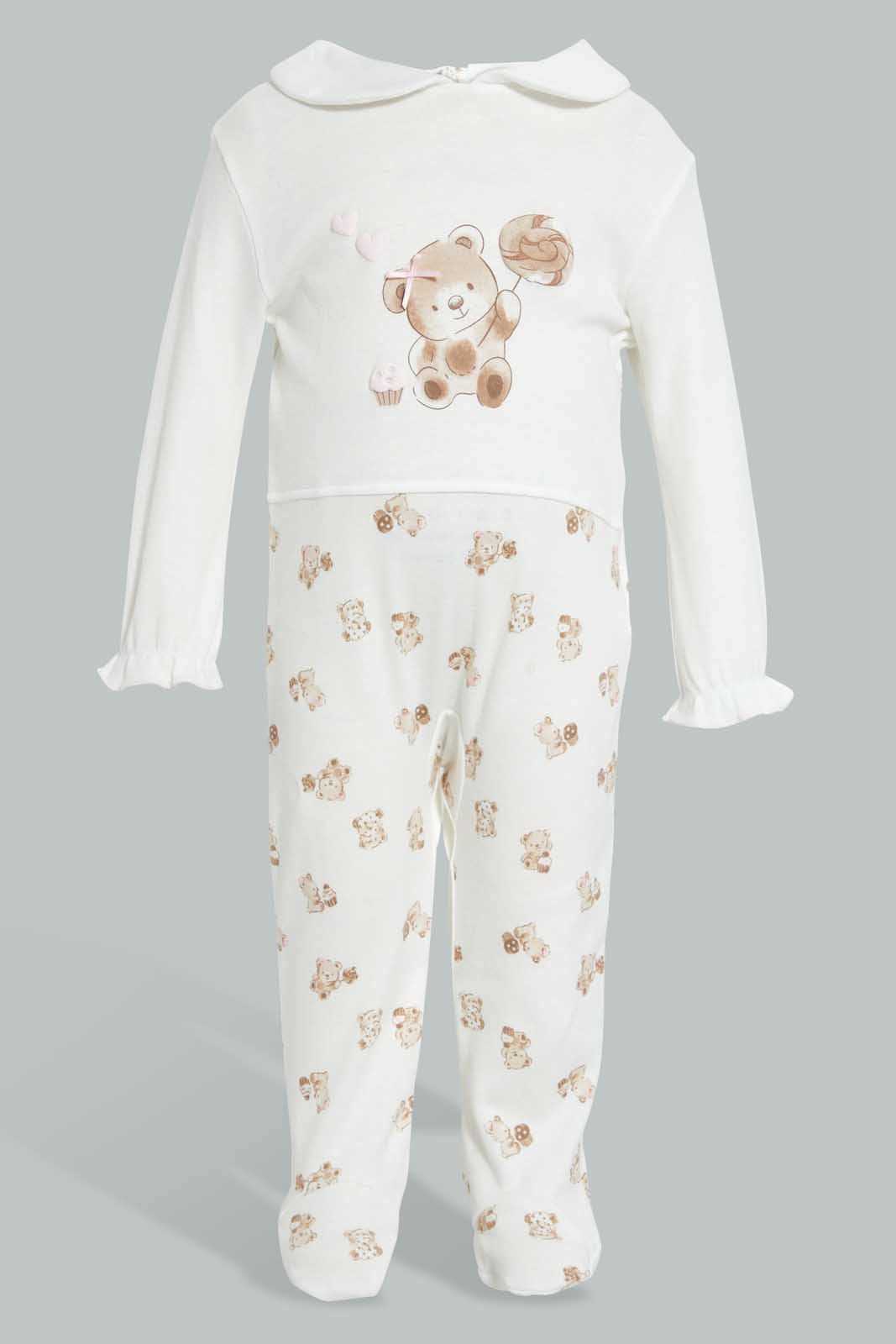 Redtag-Beige-And-White-Bear-Cut-And-Sewn-Sleep-Suit-Sleepsuits-Baby-0 to 12 Months