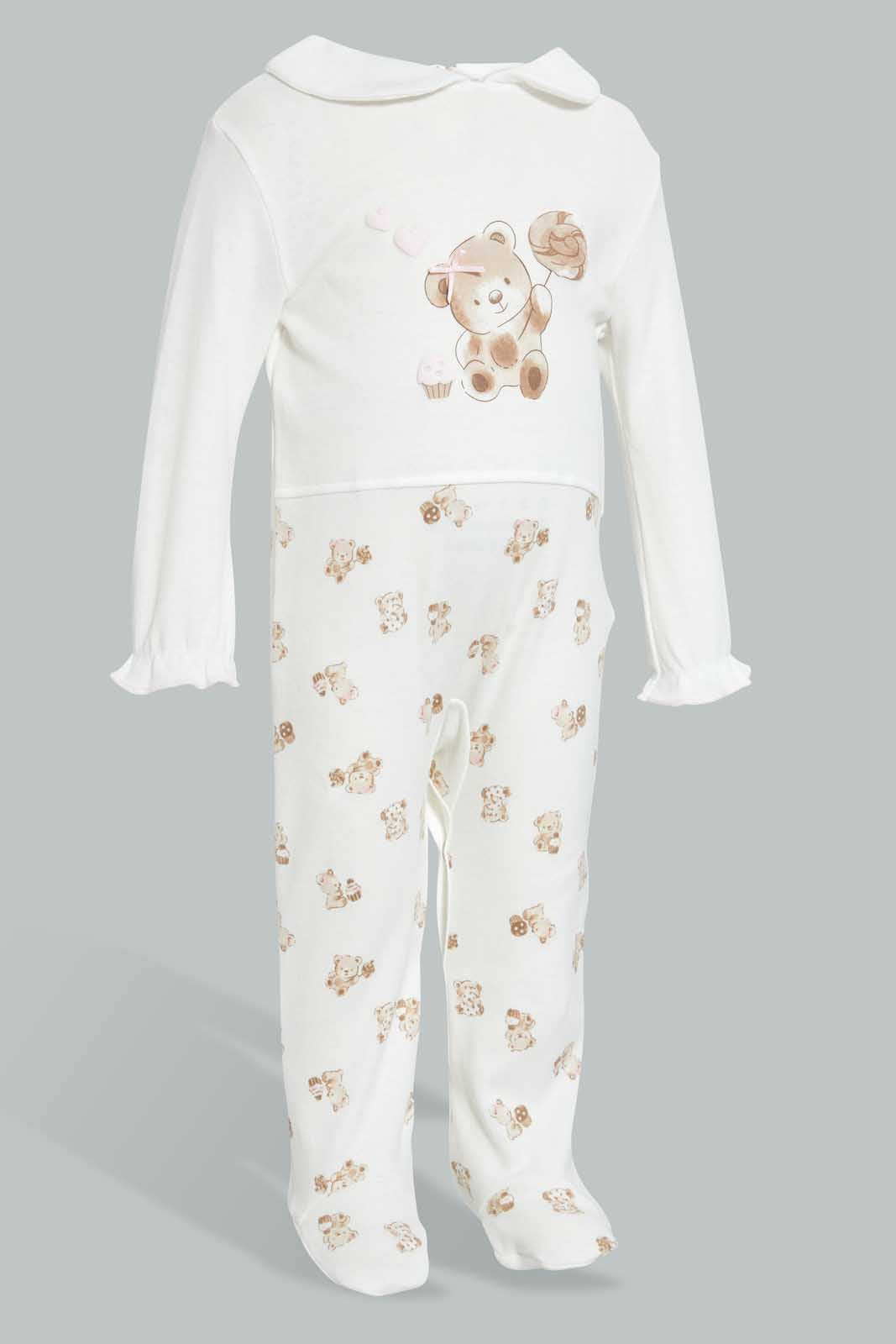 Redtag-Beige-And-White-Bear-Cut-And-Sewn-Sleep-Suit-Sleepsuits-Baby-0 to 12 Months