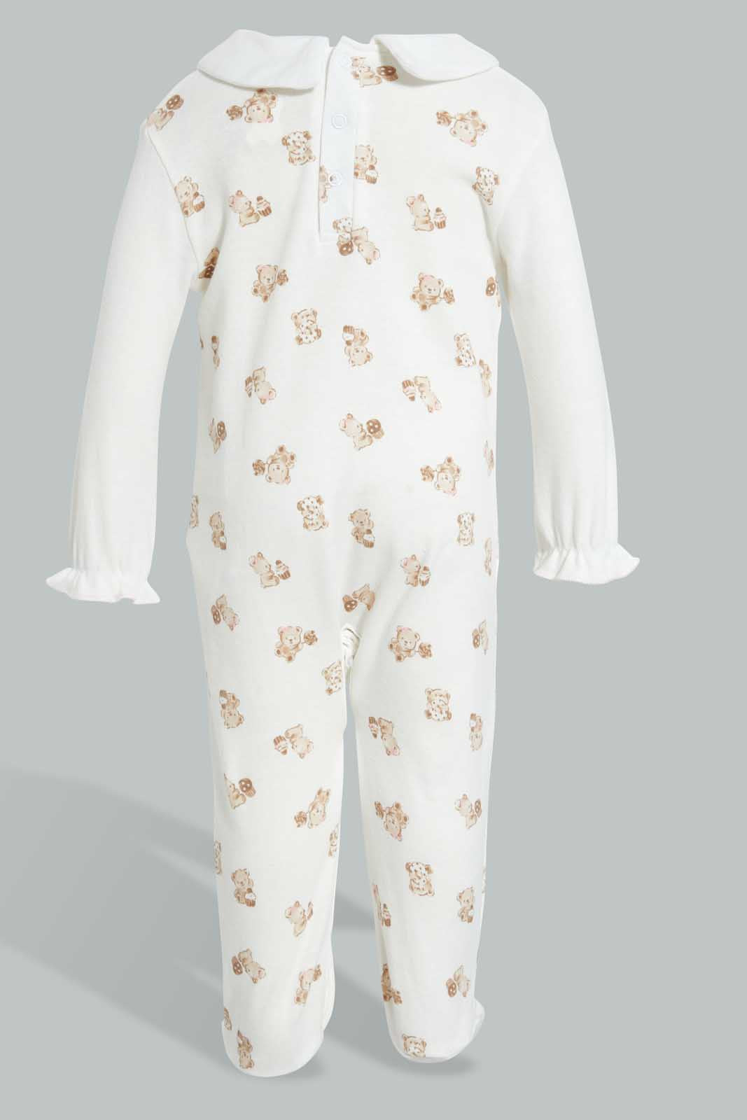 Redtag-Beige-And-White-Bear-Cut-And-Sewn-Sleep-Suit-Sleepsuits-Baby-0 to 12 Months