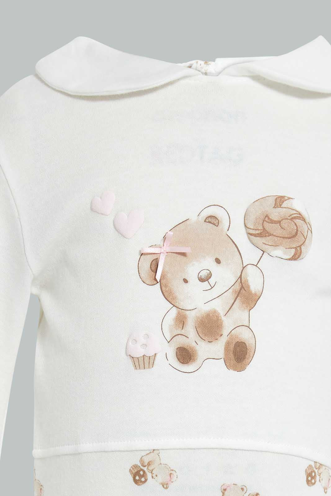 Redtag-Beige-And-White-Bear-Cut-And-Sewn-Sleep-Suit-Sleepsuits-Baby-0 to 12 Months