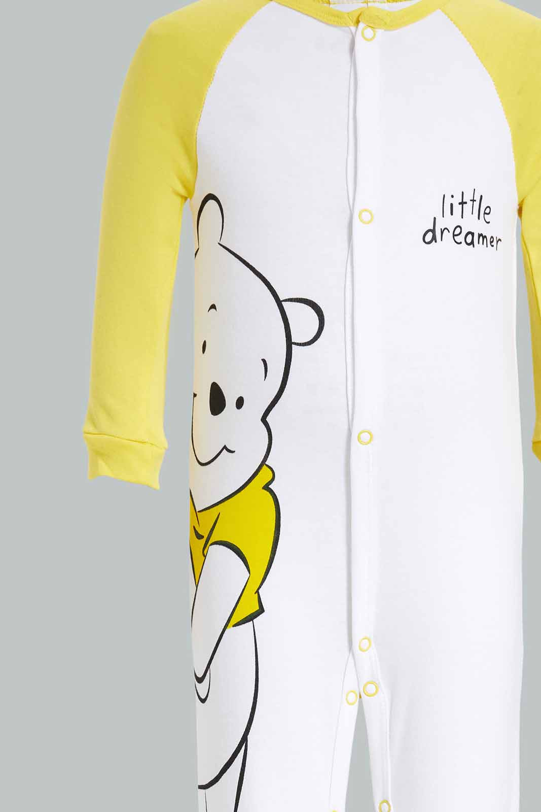 Redtag-Yellow-And-White-Winnie-The-Pooh-Sleep-Suit-Category:Sleepsuits,-CHR,-Colour:Yellow,-Deals:Sale,-Filter:Baby-(0-to-12-Mths),-NBB-Sleepsuits,-S22C,-Sale-NBB-APL,-Section:Boys-(0-to-14Yrs)-Baby-0 to 12 Months