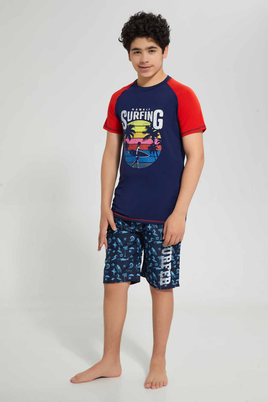 Redtag-Navy-Surfing-Rashguard-T-Shirt-Graphic-T-Shirts-Senior-Boys-9 to 14 Years