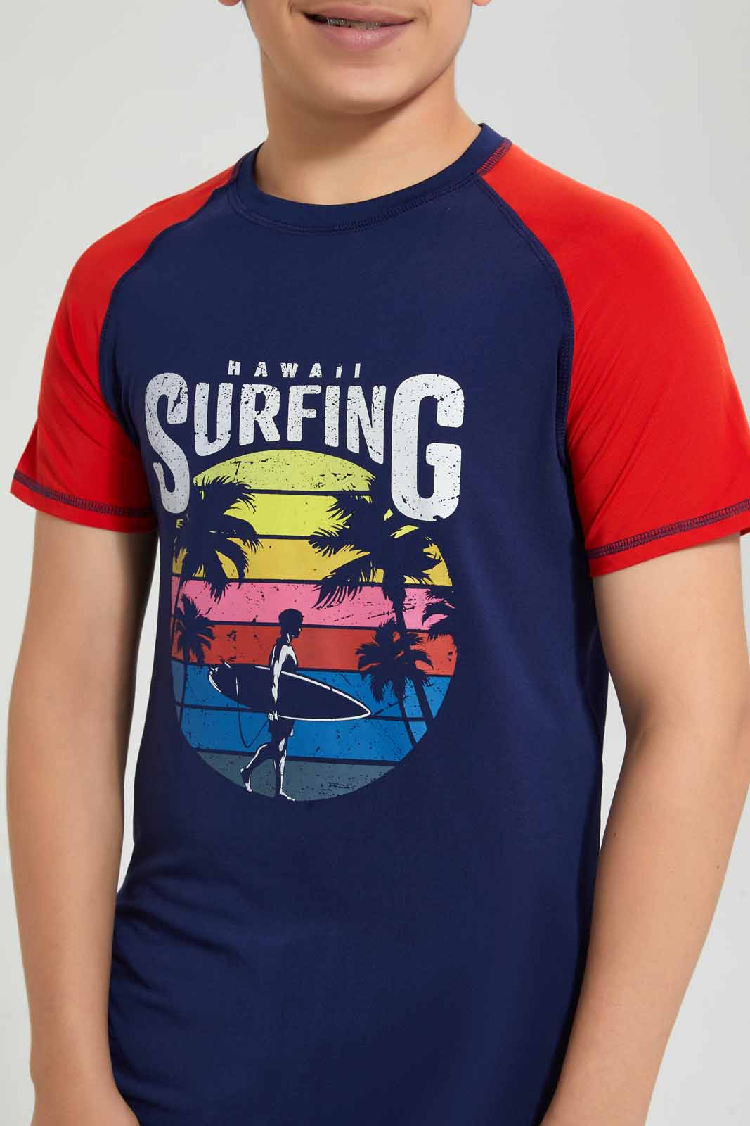 Redtag-Navy-Surfing-Rashguard-T-Shirt-Graphic-T-Shirts-Senior-Boys-9 to 14 Years