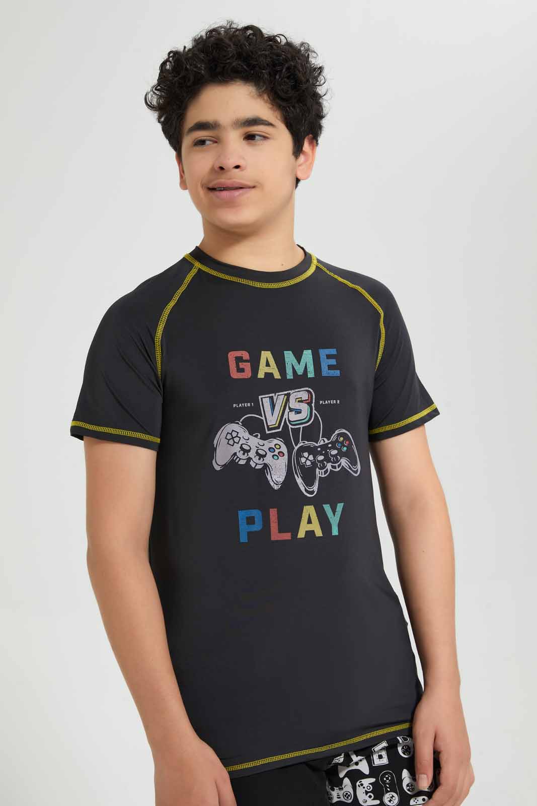 Redtag-Black-Gamer-Rashguard-Graphic-T-Shirts-Senior-Boys-9 to 14 Years