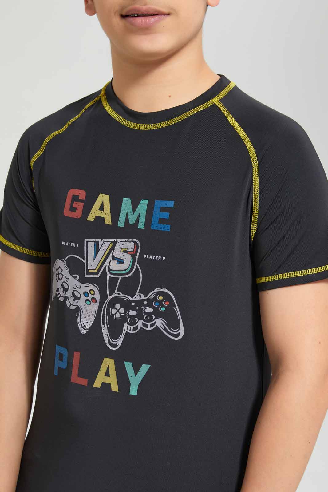 Redtag-Black-Gamer-Rashguard-Graphic-T-Shirts-Senior-Boys-9 to 14 Years