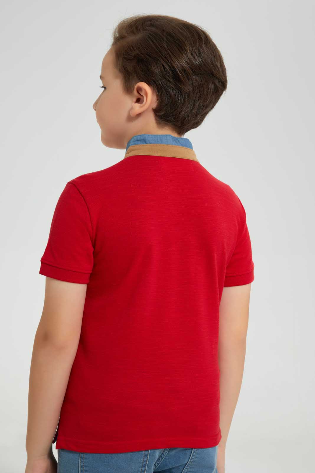 Redtag-Red-Horizontal-Stripe-Stand-Collar-Polo-Shirt-Polo-Shirts-Boys-2 to 8 Years