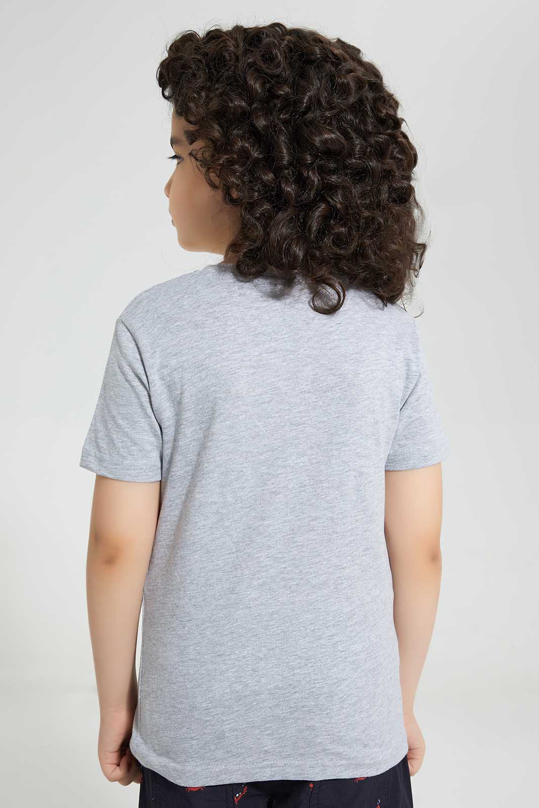 Redtag-Grey-T-Rex-Chest-Print-T-Shirt-Graphic-T-Shirts-Boys-2 to 8 Years
