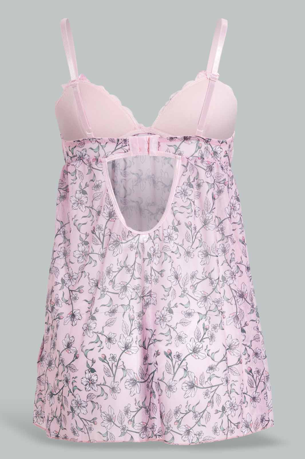 Redtag-Pink-Floral-Printed-Babydoll-With-Thong-Category:Babydolls,-Colour:Apricot,-Deals:New-In,-Filter:Women's-Clothing,-New-In-Women-APL,-Non-Sale,-S22D,-Section:Women,-Women-Babydolls--