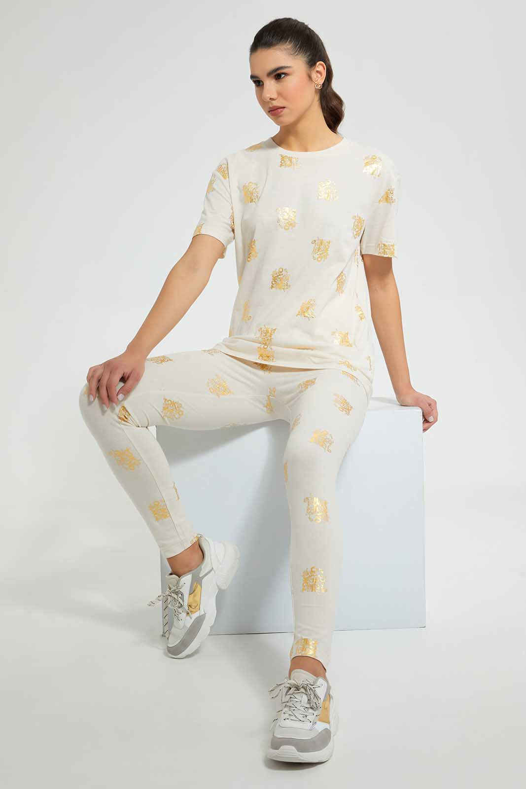 Redtag-Beige-Foil-Allover-Print-T-Shirt-Active-Tees-Women's-