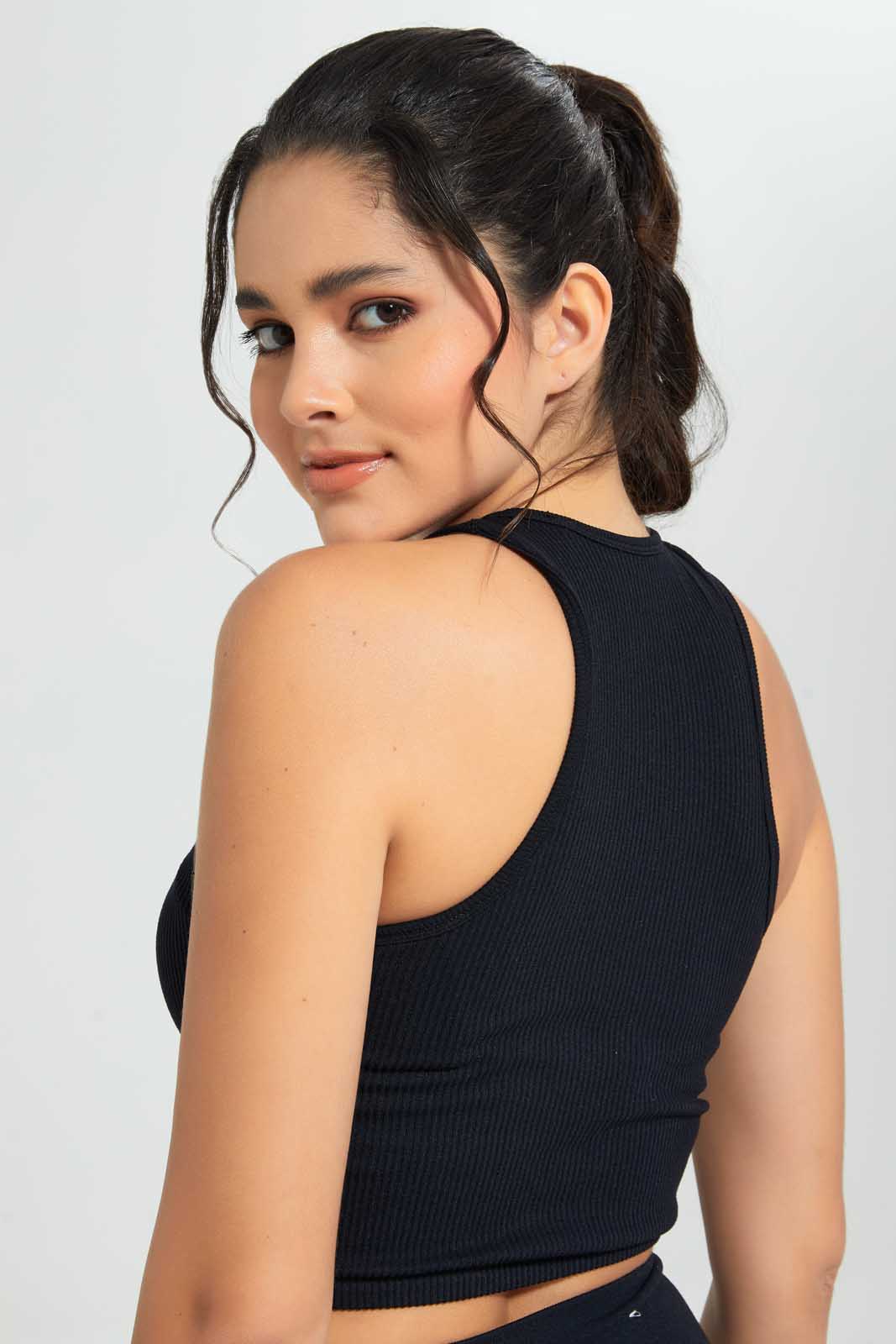 Redtag-Black-Seamless-Cropped-Active-T-Shirt-Category:T-Shirts,-Colour:Black,-Deals:4-For-90,-Deals:Sale,-Filter:Women's-Clothing,-S22C,-Sale-Women-APL,-Section:Women,-Women-Active-Tees,-Women-T-Shirts-Women's-