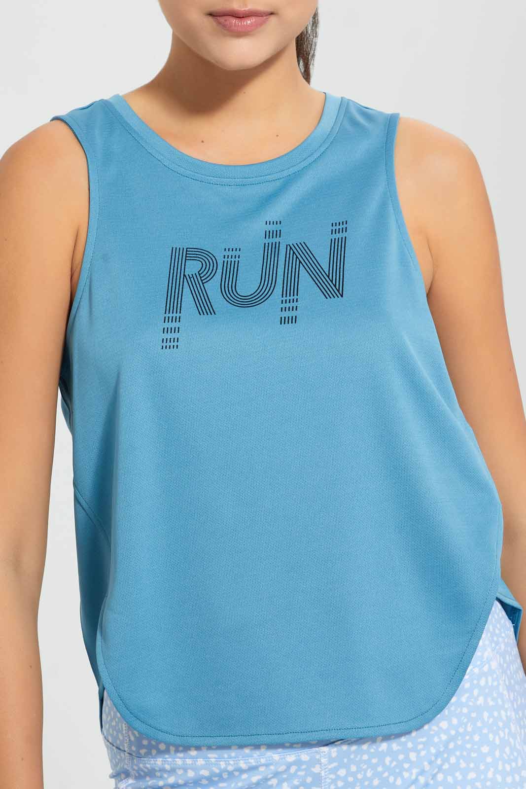 Blue Sleeveless Placement Print Active T-Shirt