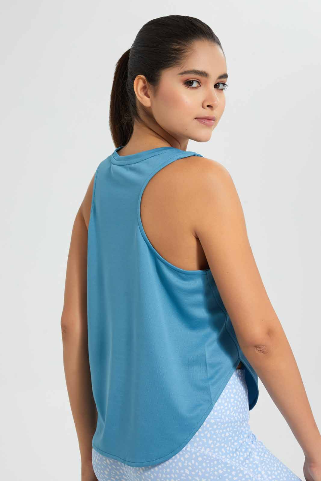 Blue Sleeveless Placement Print Active T-Shirt