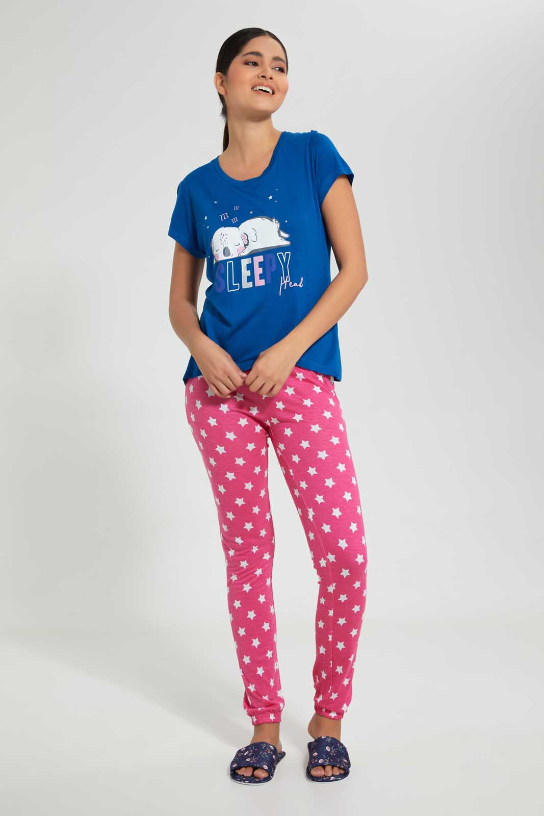 Redtag-Navy-Sleepy-Head-Printed-Pyjama-Set-Pyjama-Sets-Women's-