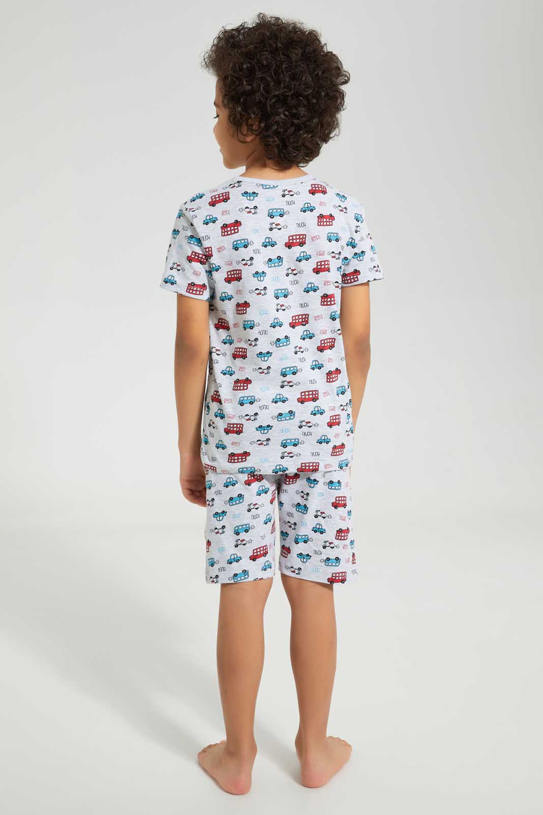 Redtag-Grey-Car-Print-T-Shirt-And-Short-Set-Pyjama-Sets-Boys-2 to 8 Years