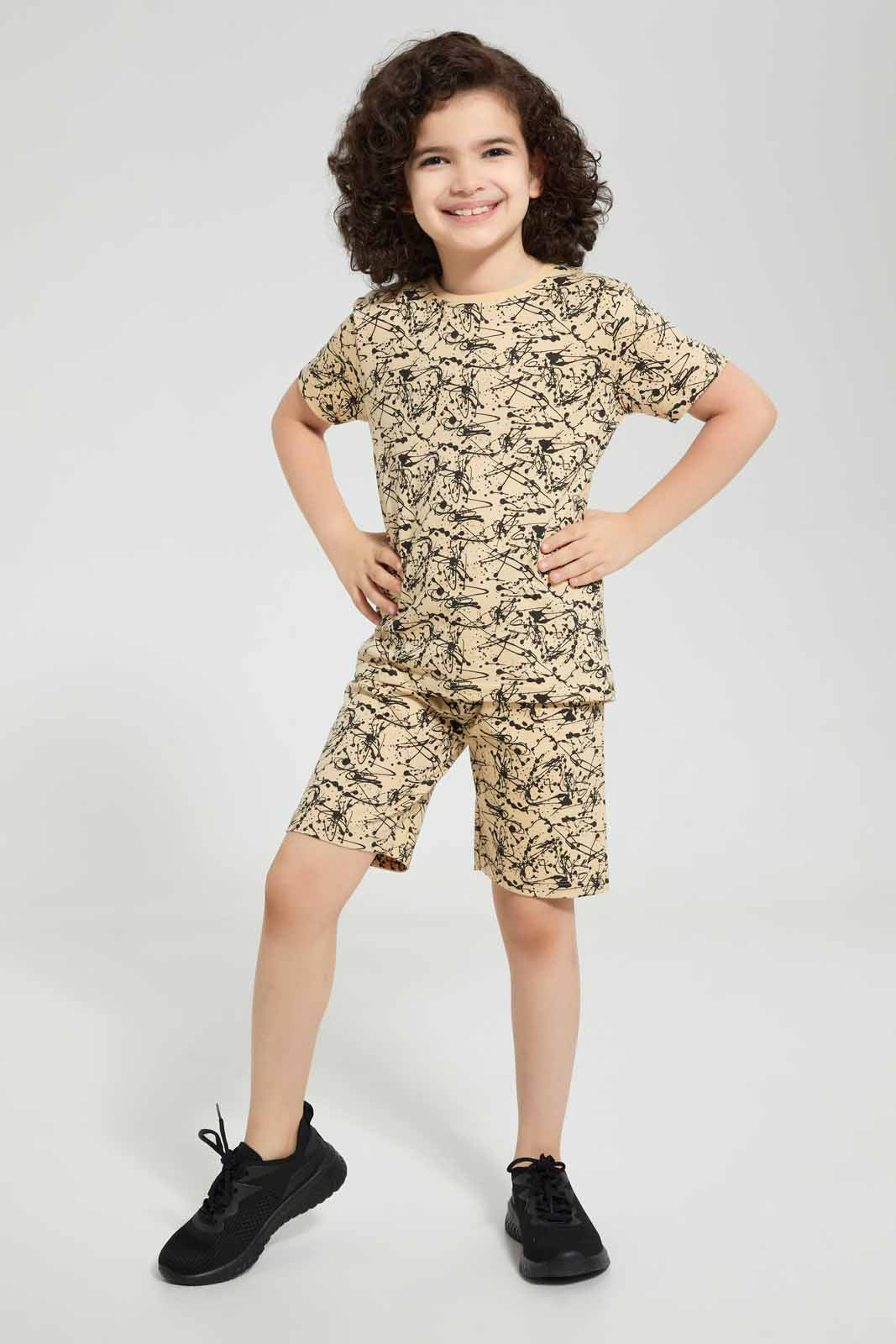 Redtag-Brown-Splat-Aop-T-Shirt-And-Short-Set-Pyjama-Sets-Boys-2 to 8 Years