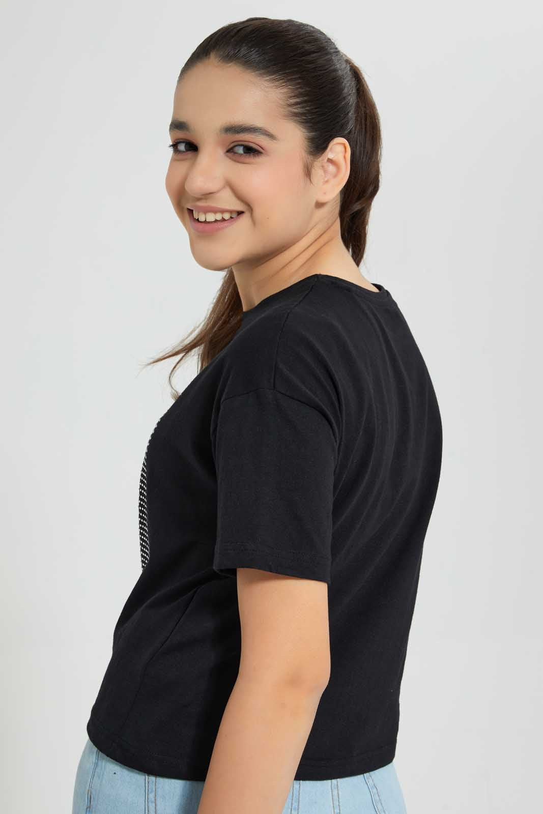 Redtag-Black-Rhinestone-Boxy-Top-Embellished-T-Shirts-Senior-Girls-9 to 14 Years