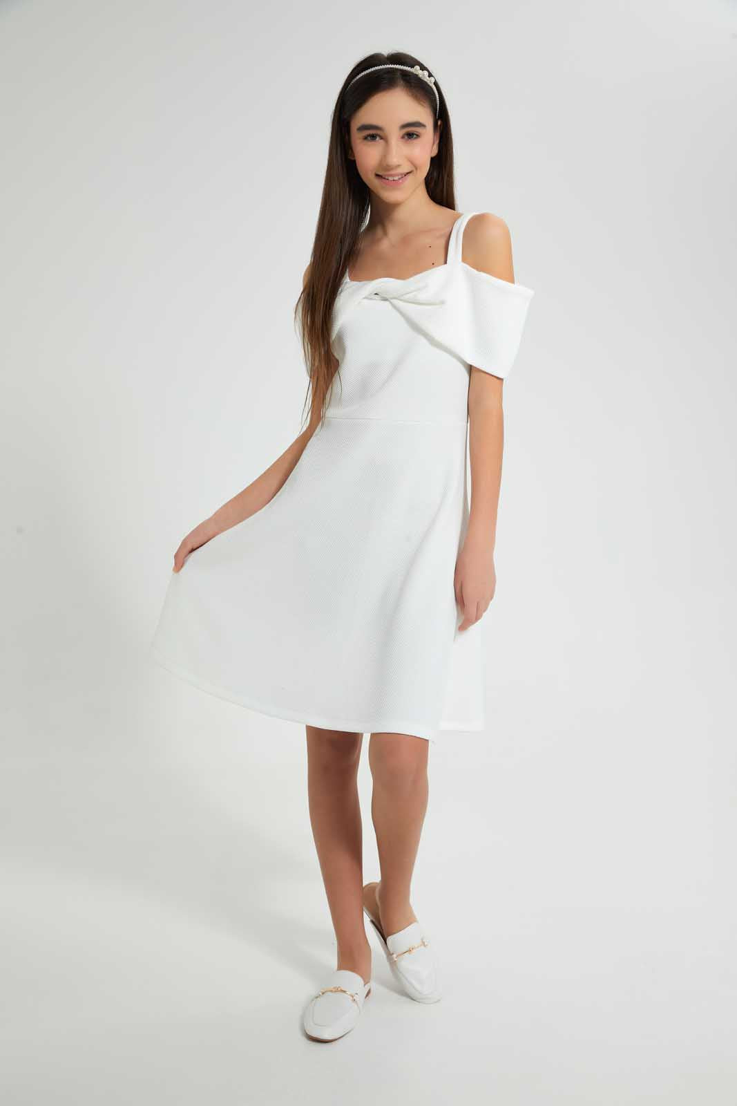Redtag-White-Cold-Shoulder-Skater-Dress-Category:Dresses,-Colour:White,-Deals:2-For-90,-Deals:Sale,-Filter:Senior-Girls-(8-to-14-Yrs),-GSR-Dresses,-NDAY,-S22D,-Sale-GSR-APL,-Section:Girls-(0-to-14Yrs)-Senior-Girls-9 to 14 Years