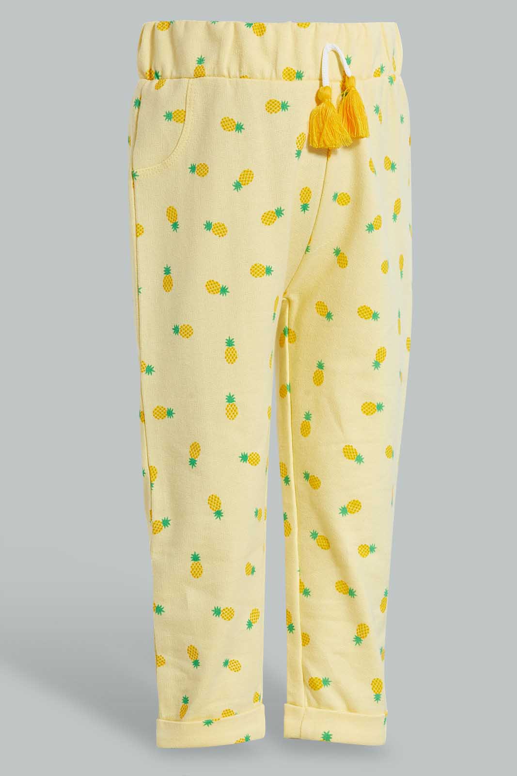 Redtag-Yellow-Pineapple-Pleacement-Print-T-Shirt-Joggers-Infant-Girls-3 to 24 Months