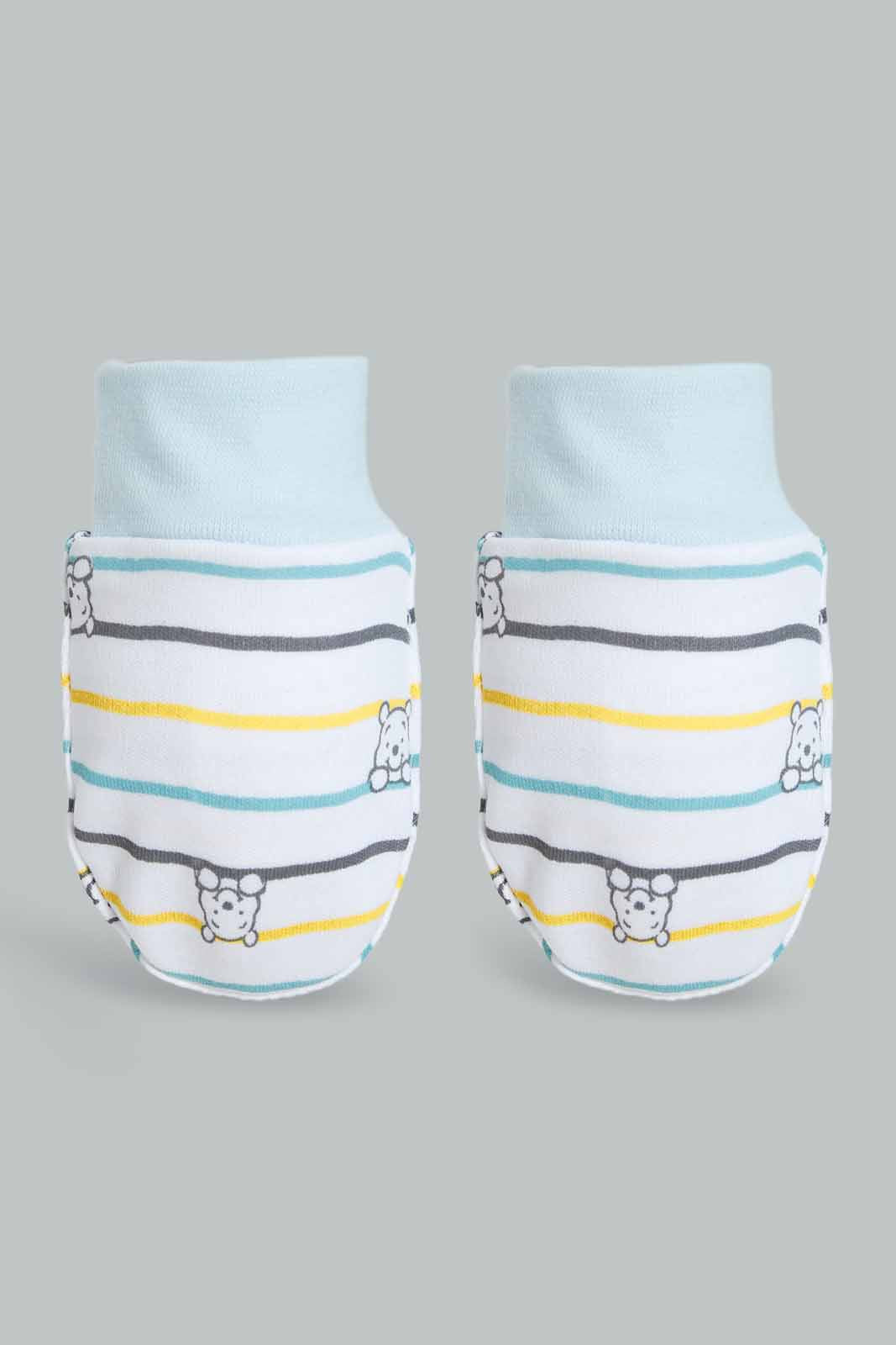 Redtag-Blue-Winnie-The-Pooh-Mittens-And-Booties-Set-For-Baby-(2-Piece)-Category:Booties,-Colour:Blue,-Deals:Sale,-Filter:Baby-(0-to-12-Mths),-NBB-Booties,-S22C,-Sale-NBB-APL,-Section:Boys-(0-to-14Yrs)-Baby-0 to 12 Months
