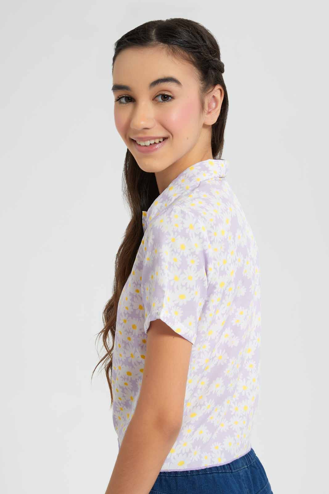 Redtag-Purple-Floral-Front-Tie-Crop-Shirt-Category:Blouses,-Colour:Assorted,-Filter:Senior-Girls-(9-to-14-Yrs),-GSR-Blouses,-New-In,-New-In-GSR-APL,-Non-Sale,-PPE,-RMD-add,-S22C,-Section:Kidswear-Senior-Girls-9 to 14 Years