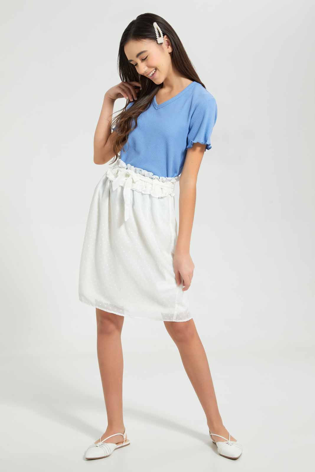Redtag-Blue-Waffle-Top-Plain-T-Shirts-Senior-Girls-9 to 14 Years