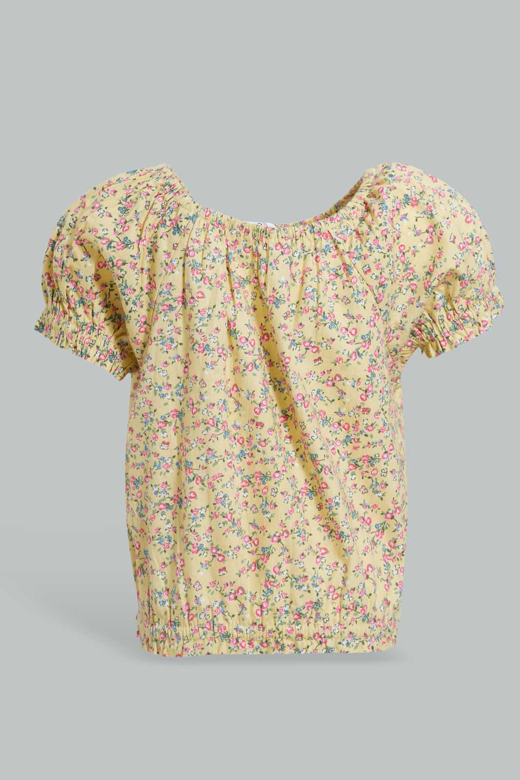 Redtag-Yellow-Floral-Aop-Electic-Hem-Blouse-Blouses-Infant-Girls-3 to 24 Months