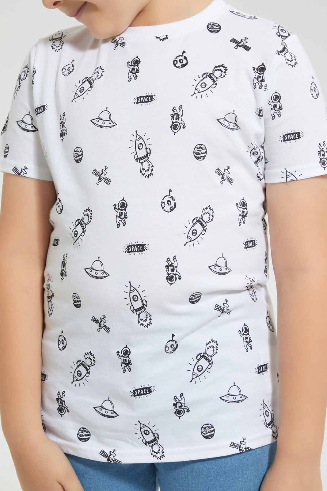 Redtag-White-Space-Aop-T-Shirt-Graphic-T-Shirts-Boys-2 to 8 Years