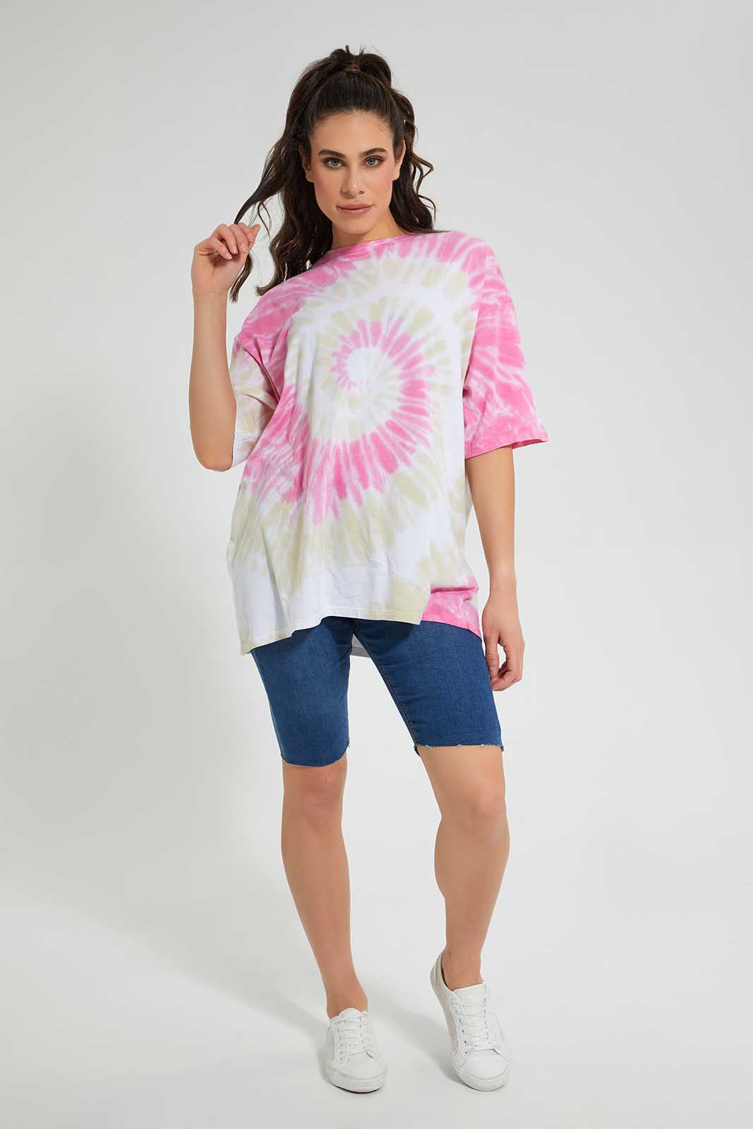 Redtag-Pink-And-White-Tie-Dye-Oversized-T-Shirt-Category:T-Shirts,-Colour:Pink,-Colour:White,-Deals:Sale,-Filter:Women's-Clothing,-S22C,-Sale-Women-APL,-Section:Women,-Women-T-Shirts-Women's-
