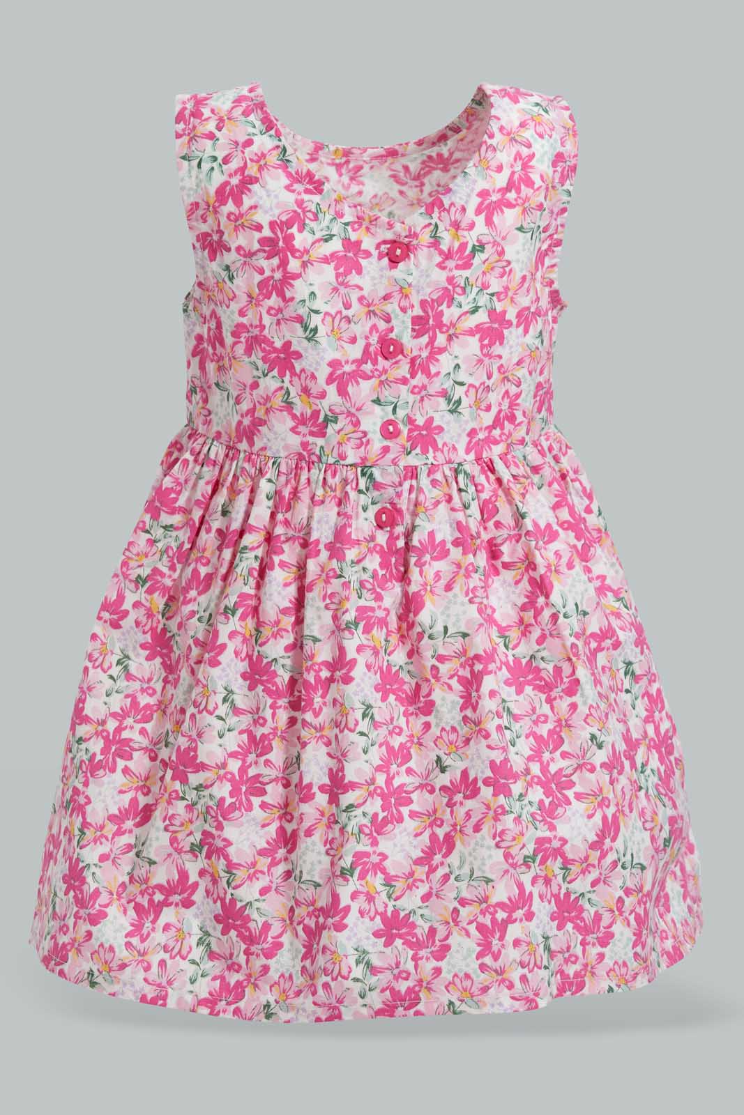 Redtag-White-Floral-Printed-Sleeveless-Dress-Dresses-Infant-Girls-3 to 24 Months