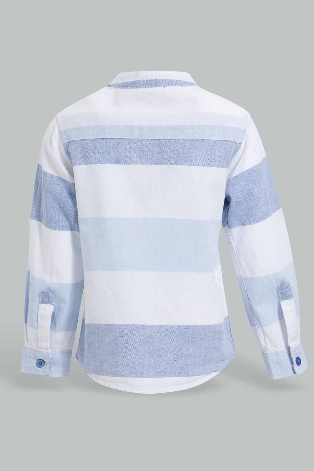 Redtag-Blue-And-White-Striped-Mandarin-Roll-Up-Ls-Shirt-Casual-Shirts-Infant-Boys-3 to 24 Months
