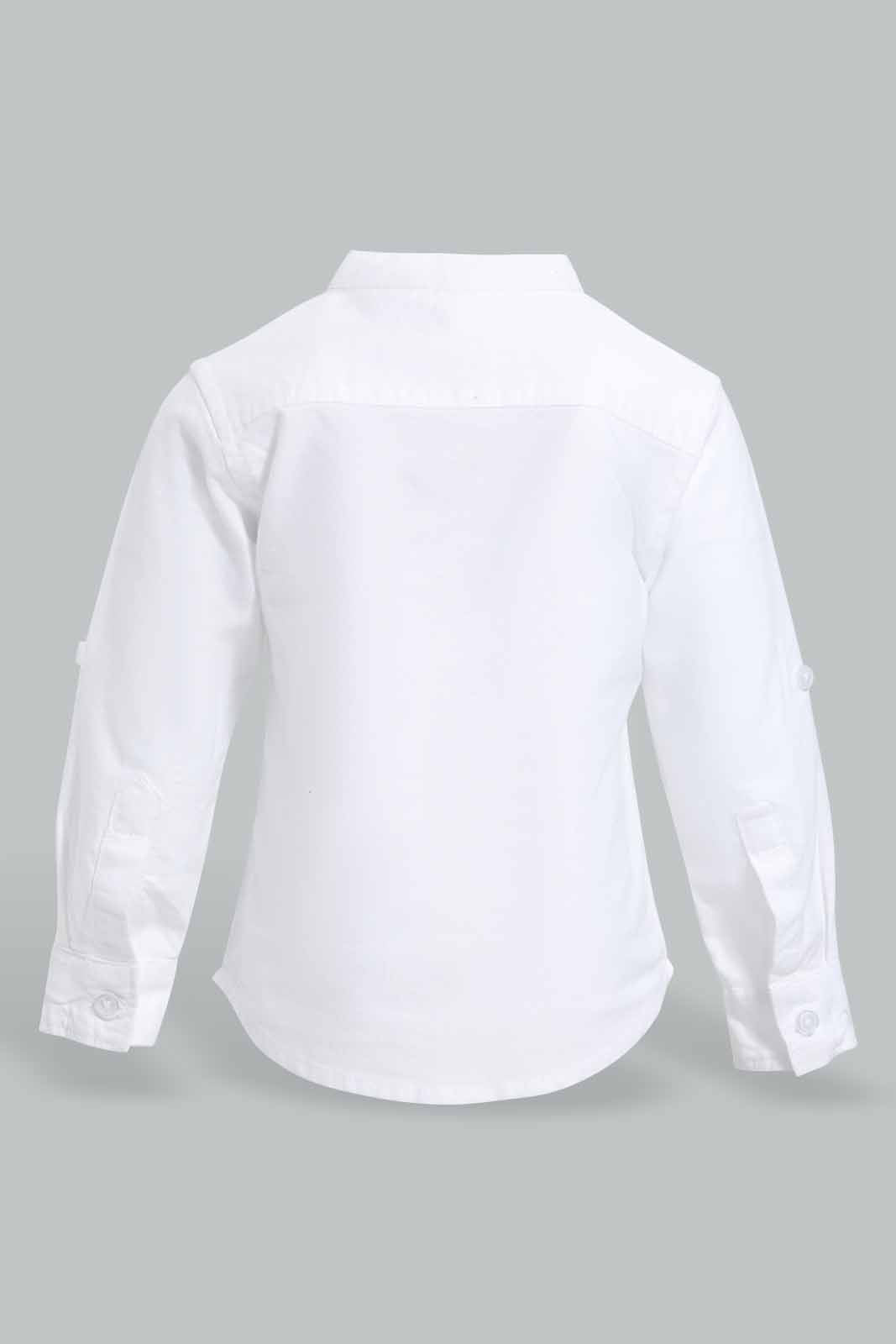 Redtag-White-Solid-Mandarin-Ls-Shirt-With-Roll-Up-Category:Shirts,-Colour:White,-Deals:New-In,-Filter:Infant-Boys-(3-to-24-Mths),-INB-Shirts,-New-In-INB-APL,-Non-Sale,-S22C,-Section:Kidswear-Infant-Boys-