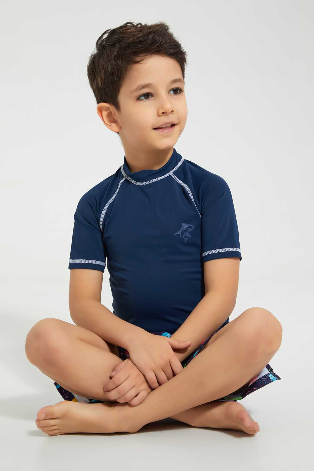 Redtag-Navy-Swm-Rash-Vest-Graphic-T-Shirts-Boys-2 to 8 Years