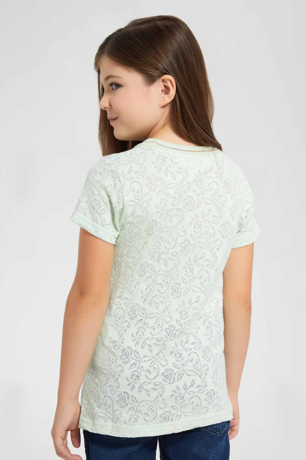 Redtag-Mint-Jacquard-T-Shirt-Graphic-T-Shirts-Girls-2 to 8 Years