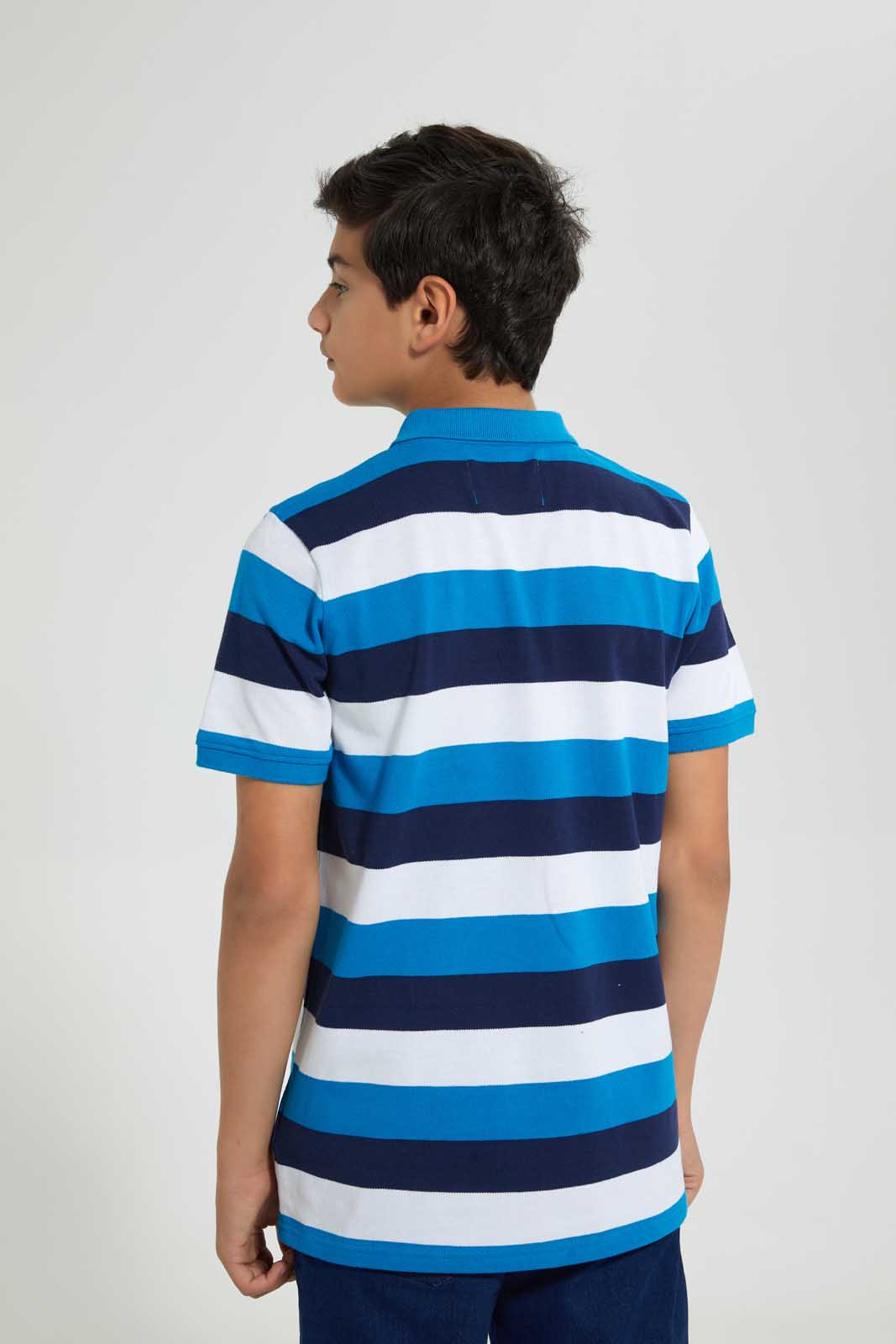 Redtag-Navy/Blue/White-Stripe-Polo-Tee-Polo-Shirts-Senior-Boys-9 to 14 Years