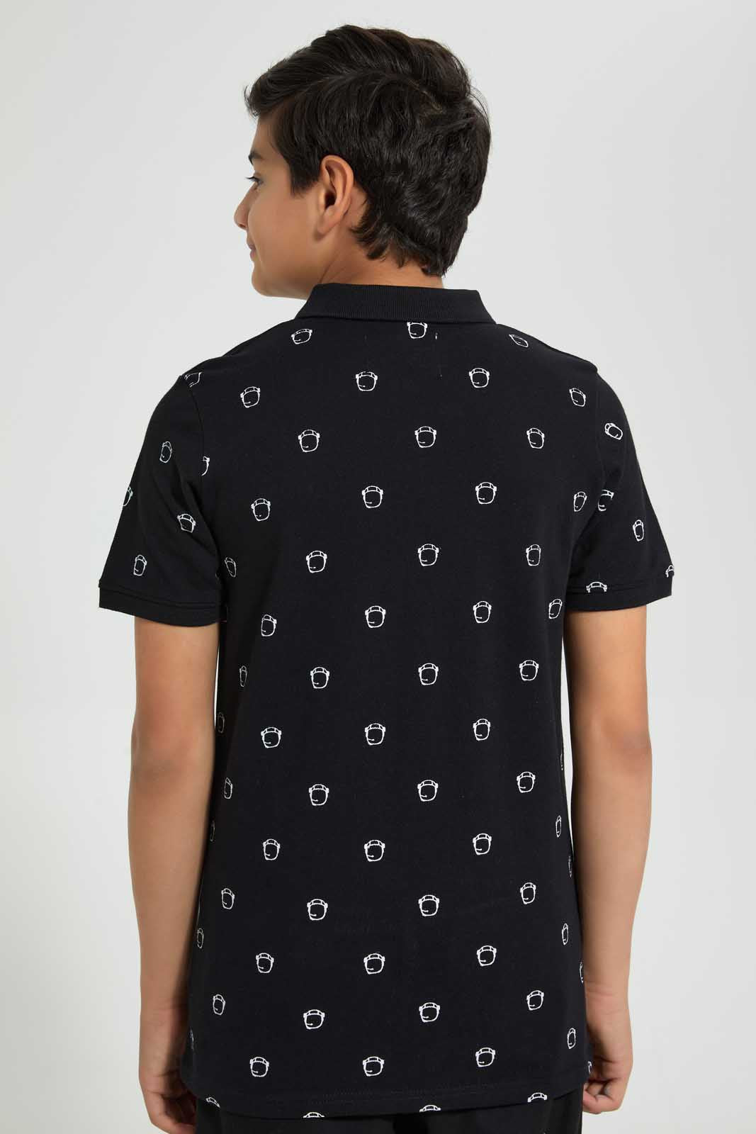 Redtag-Black-Aop-Polo-Tee-Polo-Shirts-Senior-Boys-9 to 14 Years