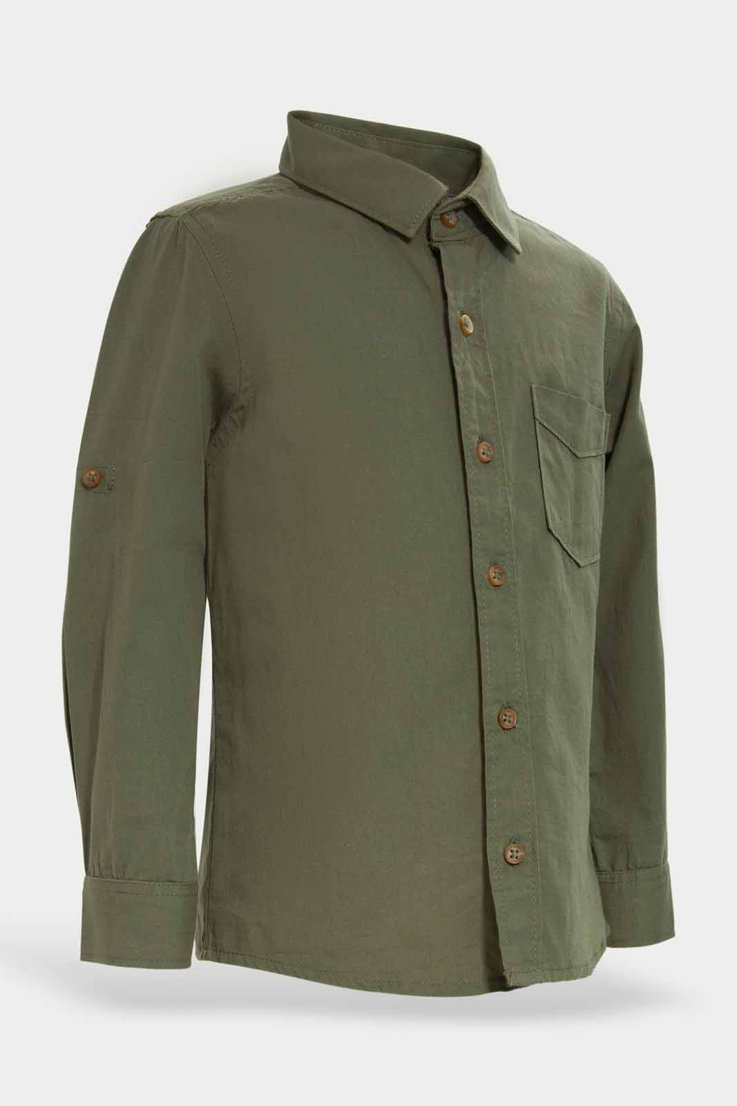 Redtag-Olive-Poplin-Long-Slv-Shirt-Category:Shirts,-Colour:Olive,-Dept:Boys,-Filter:Infant-Boys-(3-to-24-Mths),-INB-Shirts,-Non-Sale,-S22C,-Section:Boys-(0-to-14Yrs)-Infant-Boys-