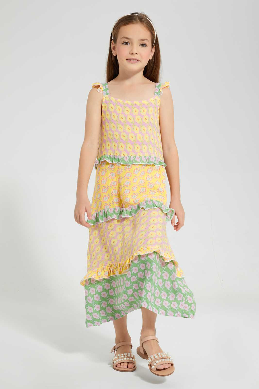 Yellow And Mint Tiered Maxi Dress