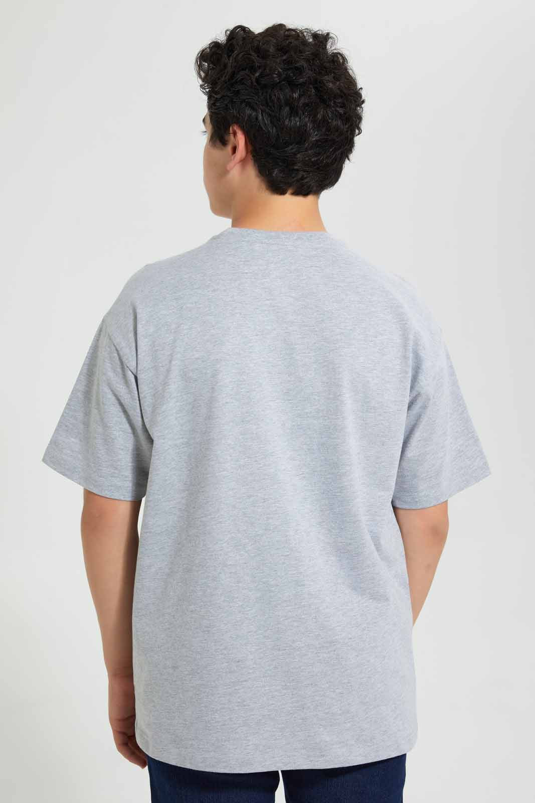 Redtag-Grey-Melange-Oversize-Pocket-Tee-Graphic-T-Shirts-Senior-Boys-9 to 14 Years