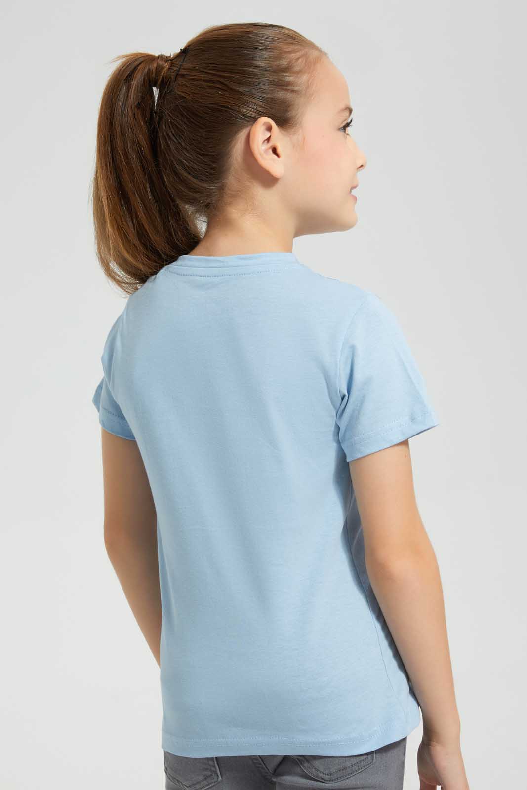 Redtag-Sky-Blue-Girls-Embossed-Printed-T-Shirt-Graphic-T-Shirts-Girls-2 to 8 Years