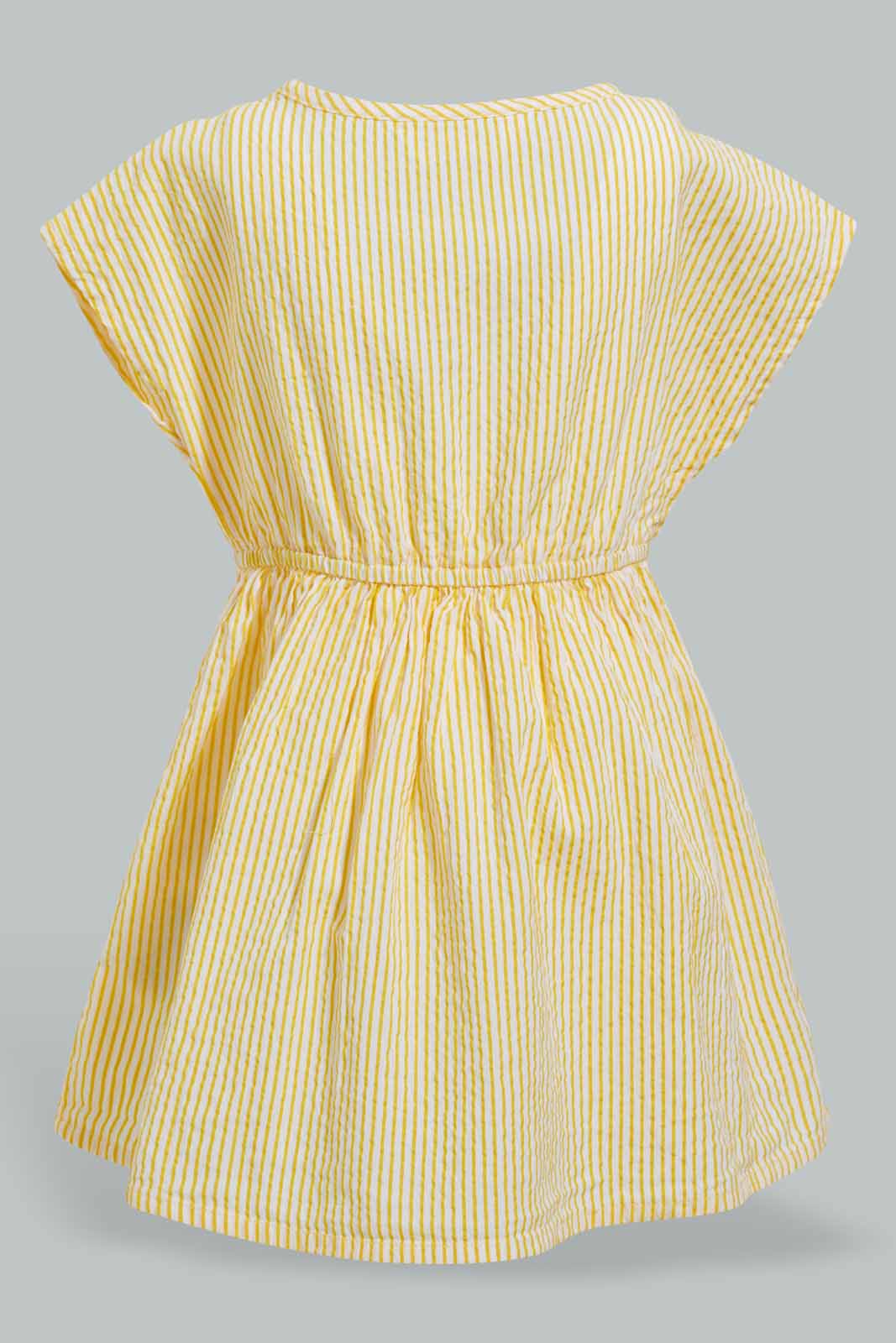 Redtag-Yellow-Seesucker-Elasticated-Dress-With-Front-Buttons-Dresses-Infant-Girls-3 to 24 Months