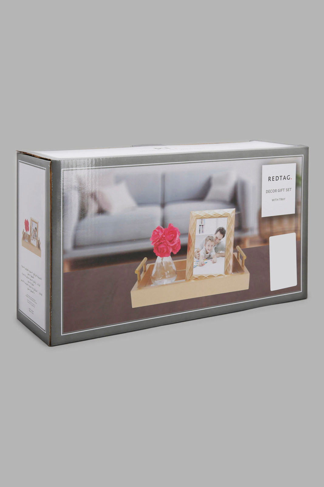 Redtag-Gold-Tray-With-Photo-Frame-And-Glass-Vase-Category:Trays,-Colour:Gold,-Filter:Home-Decor,-HMW-HOM-Decorative-Accessories,-Non-Sale,-S22C,-Section:Homewares-Home-Decor-