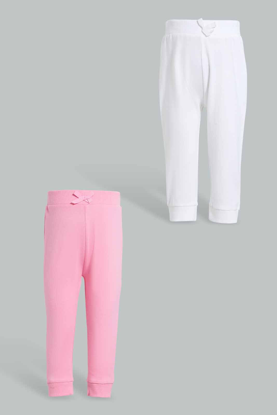 Redtag-Assorted-Dark-Pink-&-White-Solid-2Pcs-Pack-Active-Pant-Joggers-Infant-Girls-3 to 24 Months