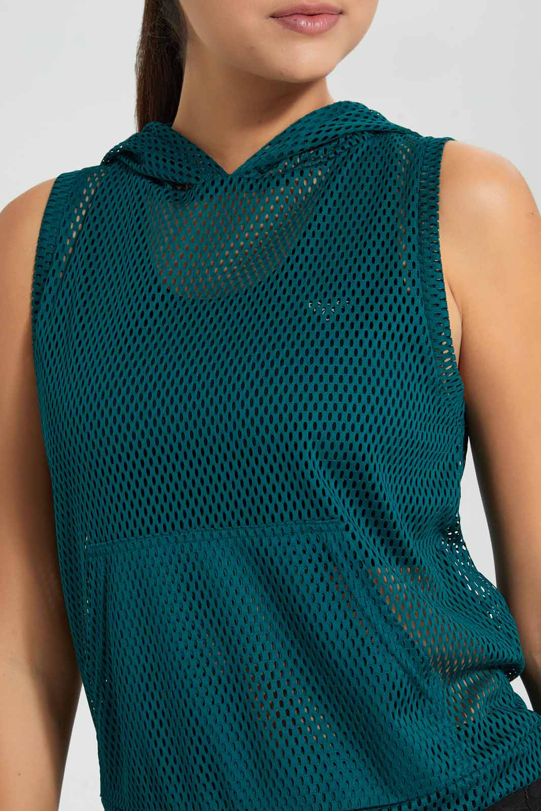 Redtag-Green-Hoodie-Sleeveless-Mesh-Sweatshirt-Active-Sweatshirts-Women's-