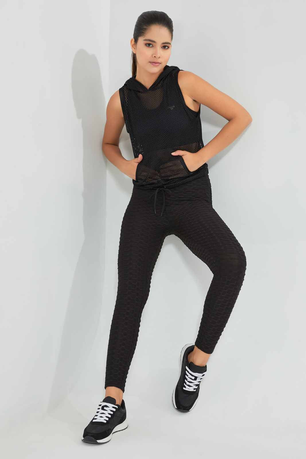 Redtag-Black-Hoodie-Sleeveless-Mesh-Sweatshirt-Active-Sweatshirts-Women's-