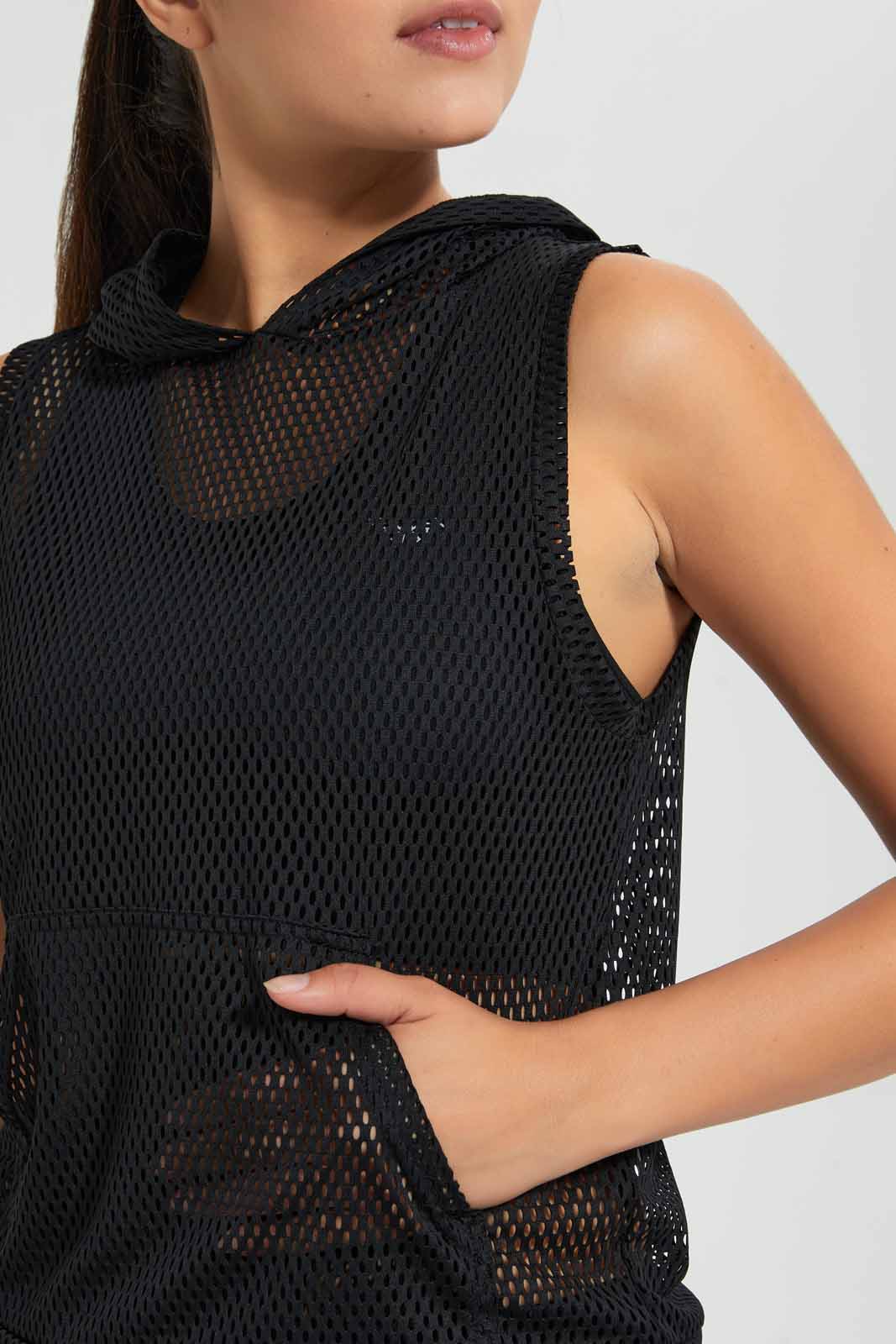 Redtag-Black-Hoodie-Sleeveless-Mesh-Sweatshirt-Active-Sweatshirts-Women's-