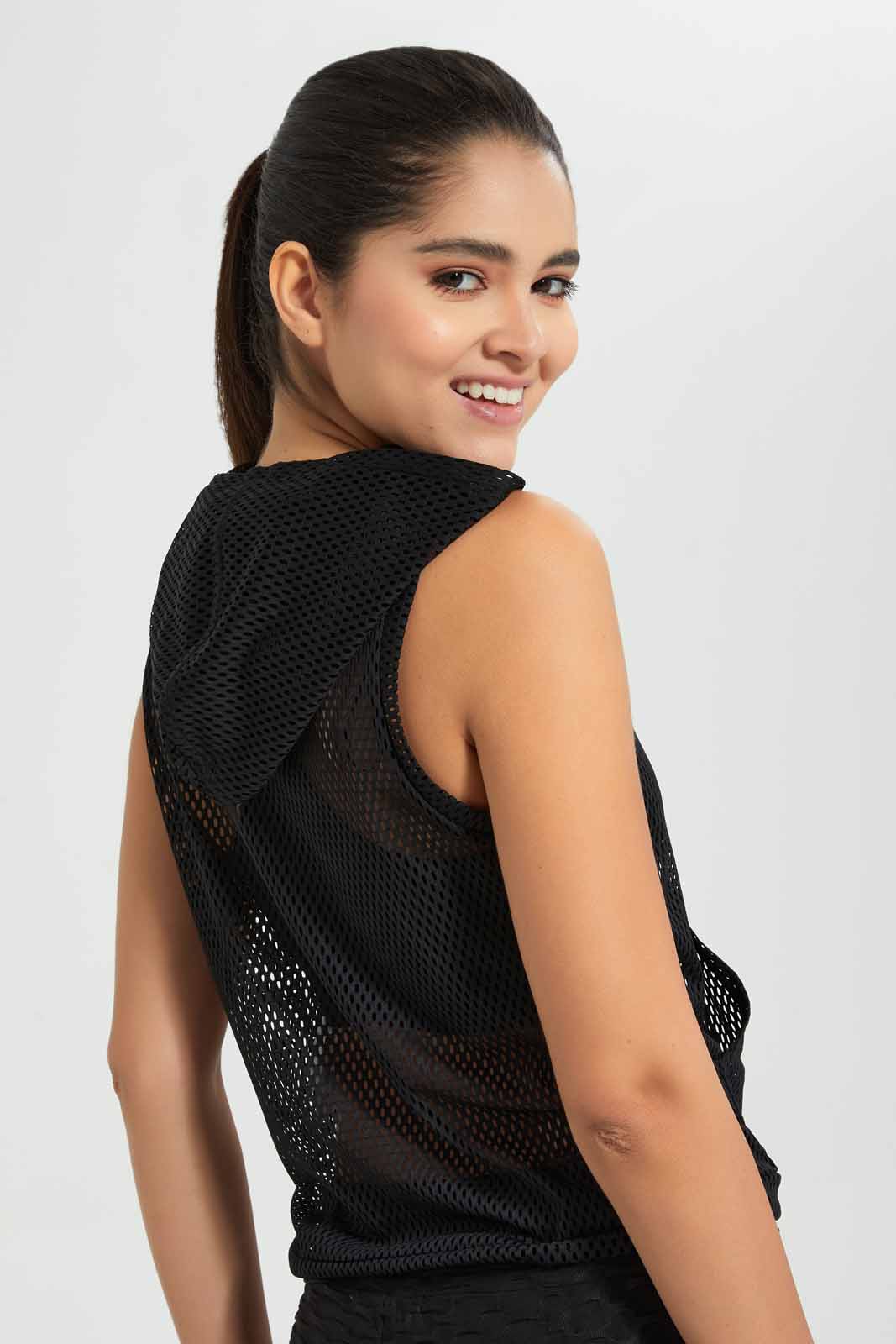 Redtag-Black-Hoodie-Sleeveless-Mesh-Sweatshirt-Active-Sweatshirts-Women's-
